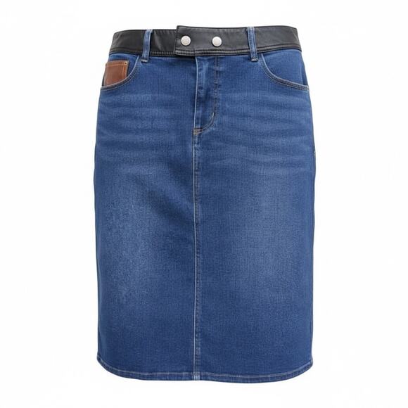 EST 1946 Blue Denim Skirt Size 14 Mid Length street chic Leather Trim Pockets - Picture 1 of 7